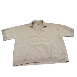 OAK + FORT medium mens sweater polo tee shirt beige v-neck short sleeve neutral